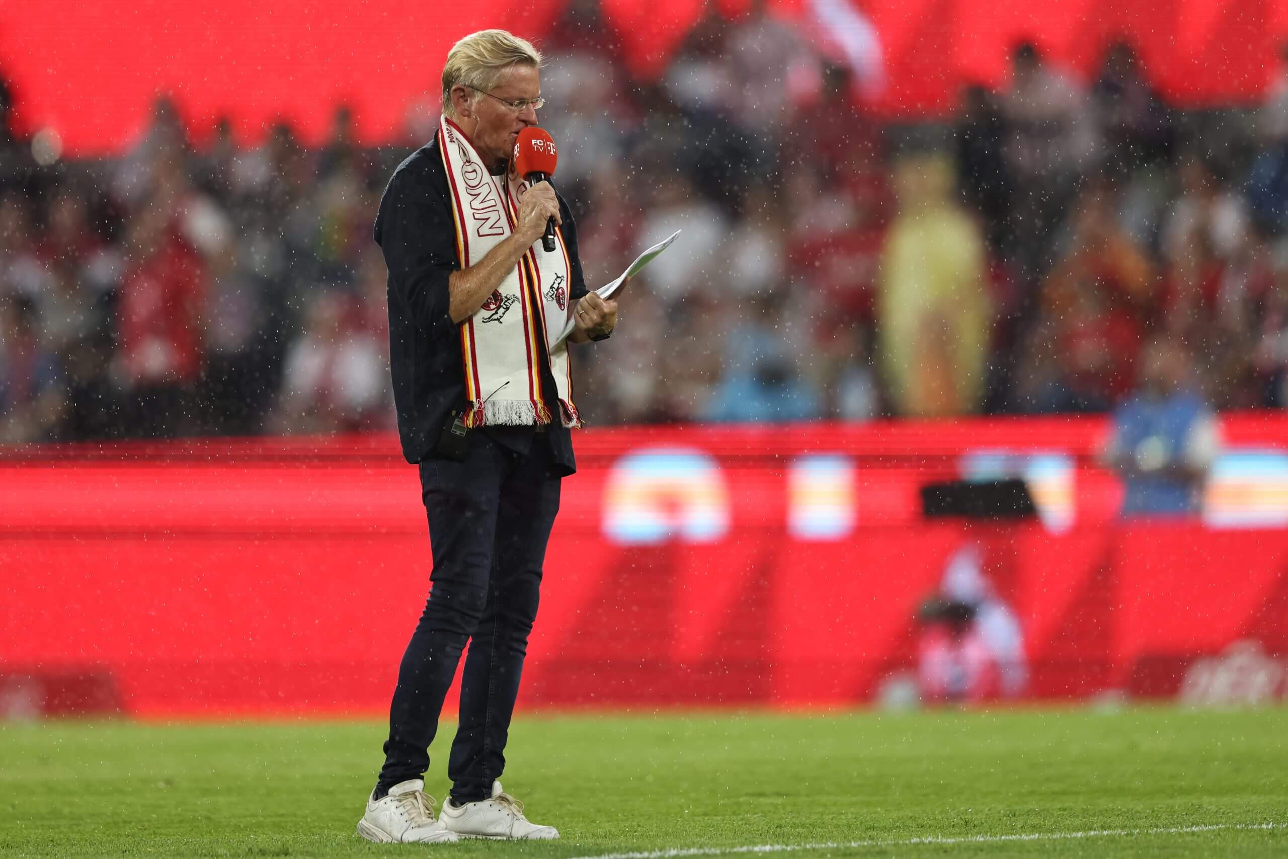 Stadium speaker Michael Trippel of Koln speaks at RheinEnergieStadion in 2024
