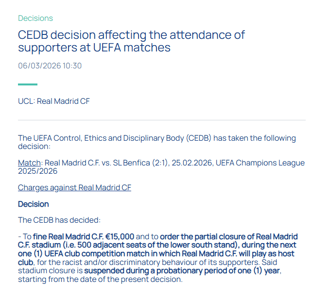 La UEFA sanciona al Real Madrid con el cierre parcial del Bernabéu por racismo