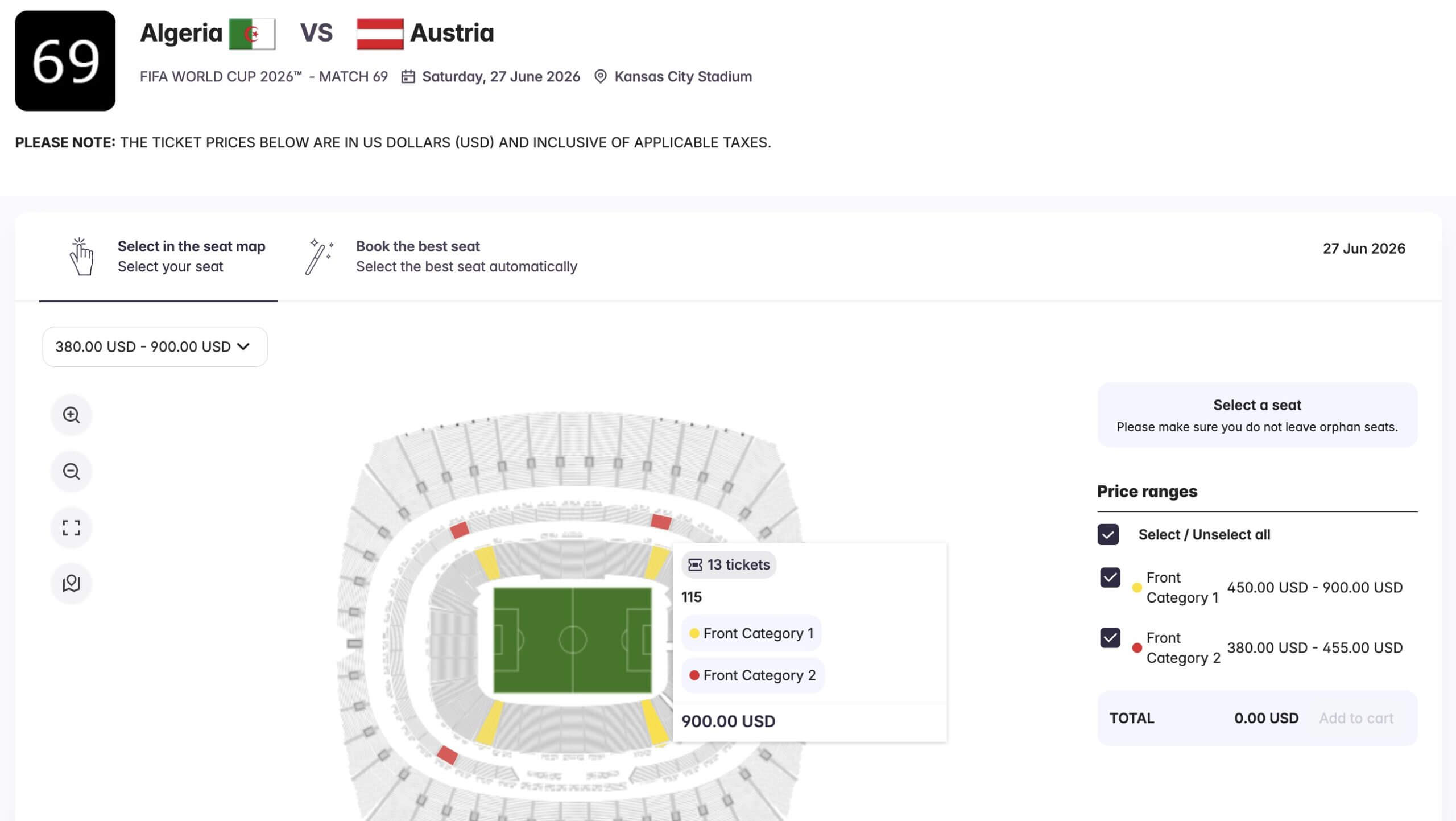 Mapa de asientos de Argelia y Austria en el Mundial 2026.