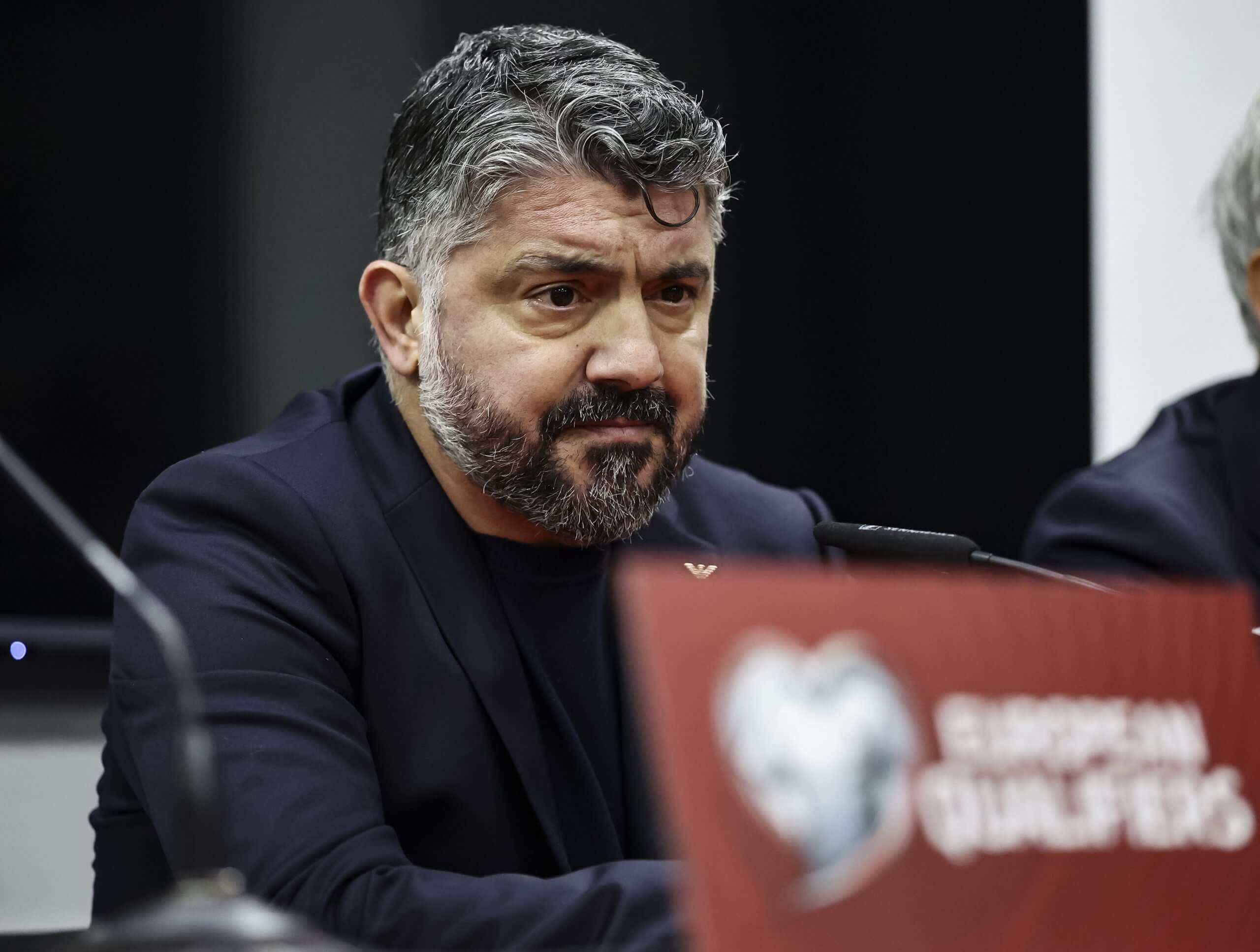 El entrenador de Italia, Gennaro Gattuso, fotografiado durante su conferencia de prensa posterior al partido tras la derrota de su equipo en Bosnia y Herzegovina.