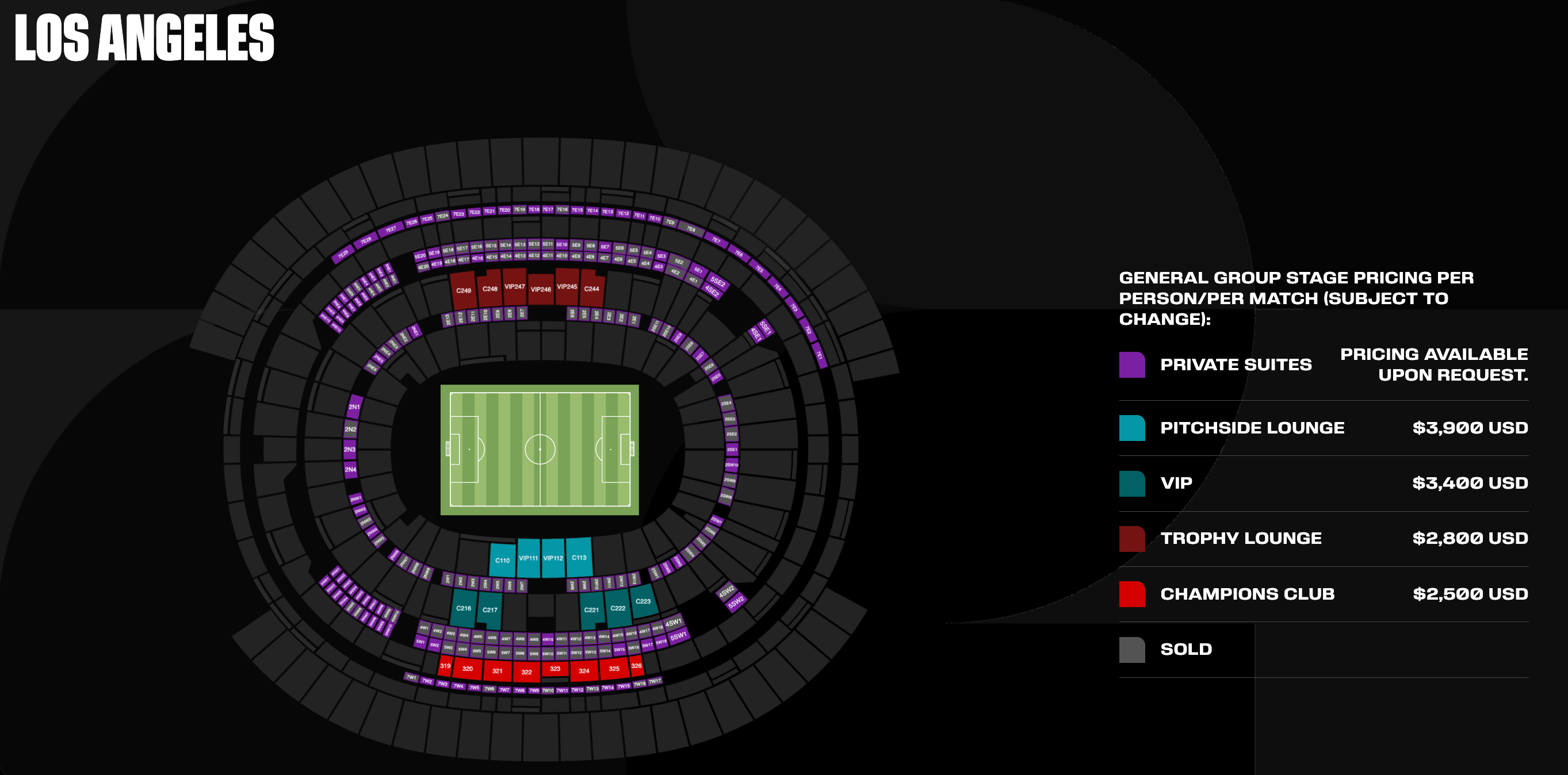 Mapa de hospitalidad con asientos en el estadio de la copa mundial en los ángeles.