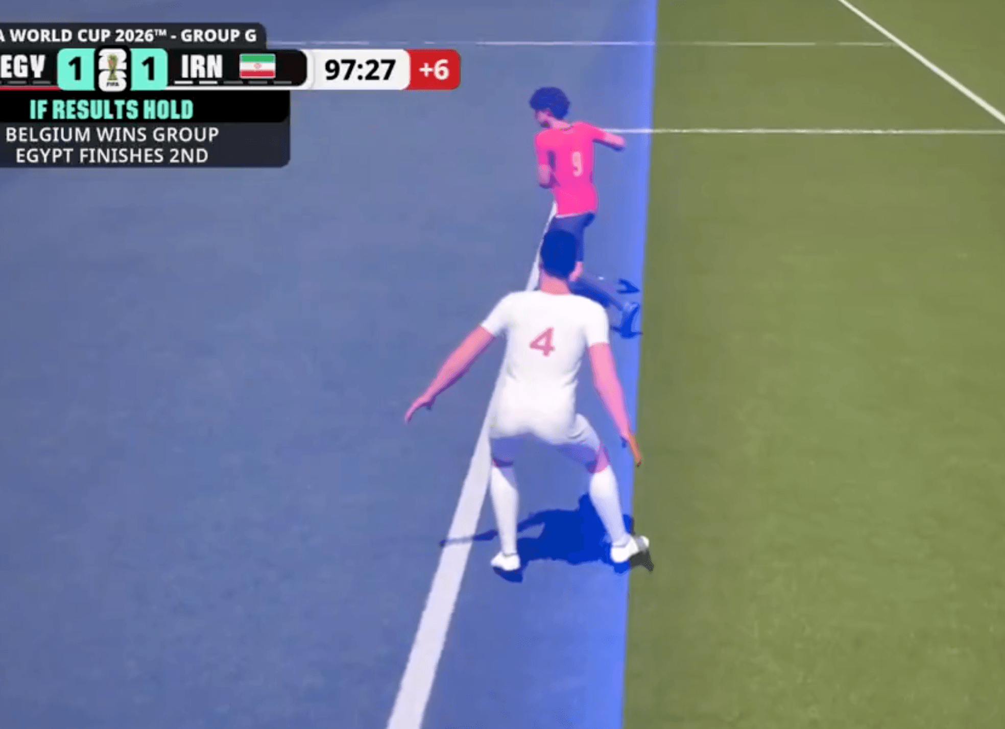 La captura de pantalla muestra una recreación digital de Shoja Khalilzadeh de Irán en fuera de juego después de anotar contra Egipto.