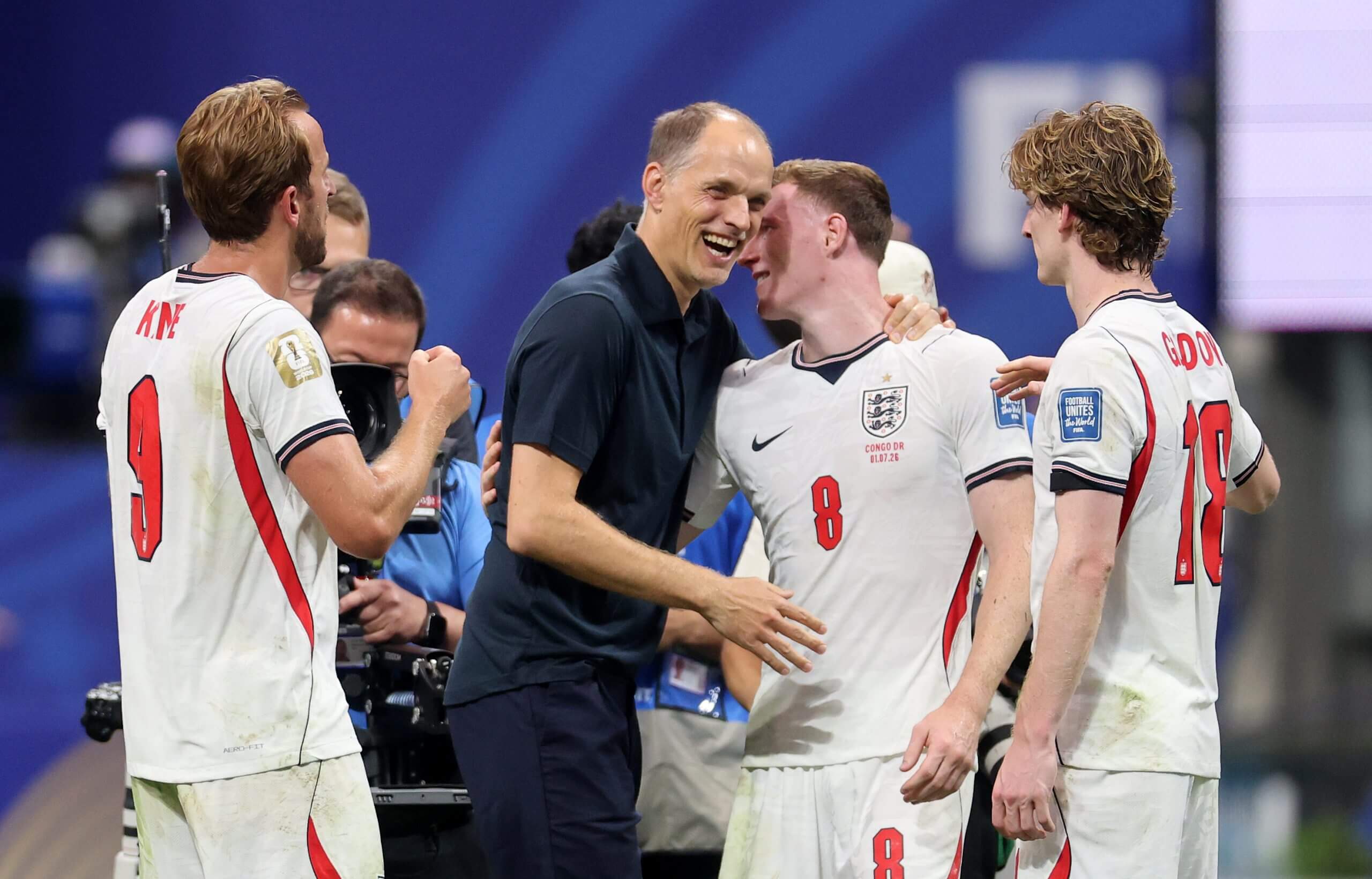 Thomas Tuchel congratulates Elliot Anderson and Anthony Gordon after England's victory over DR Congo