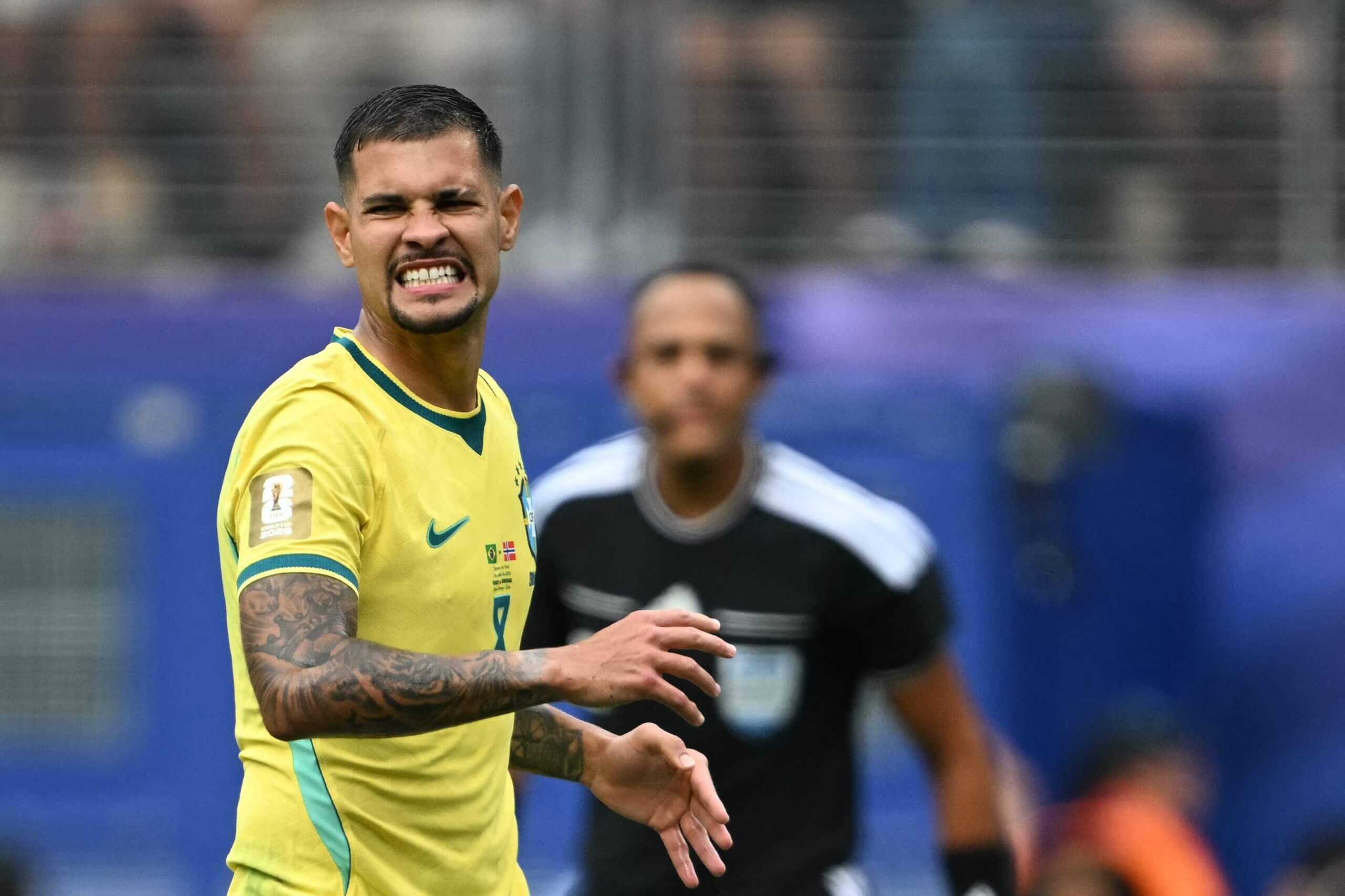An anguished Bruno Guimaraes contemplates his missed penalty against Norway