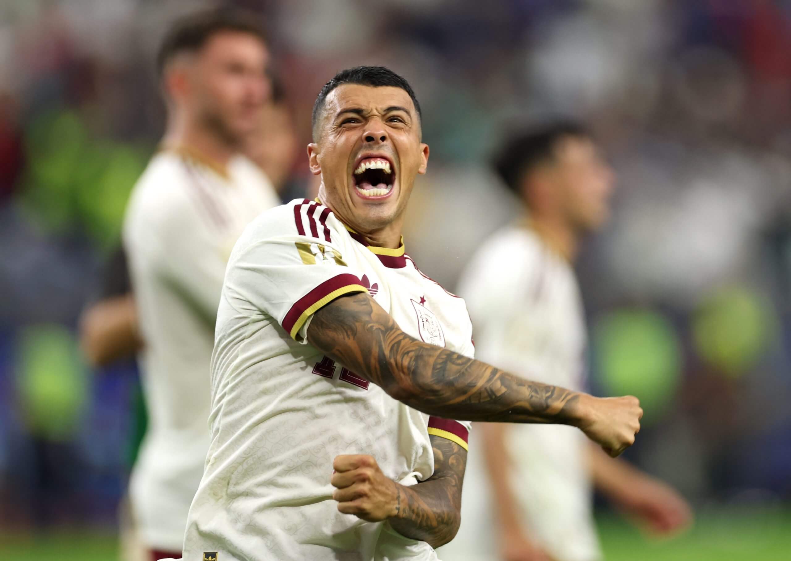 Pedro Porro punches the air during Spain's victory over France
