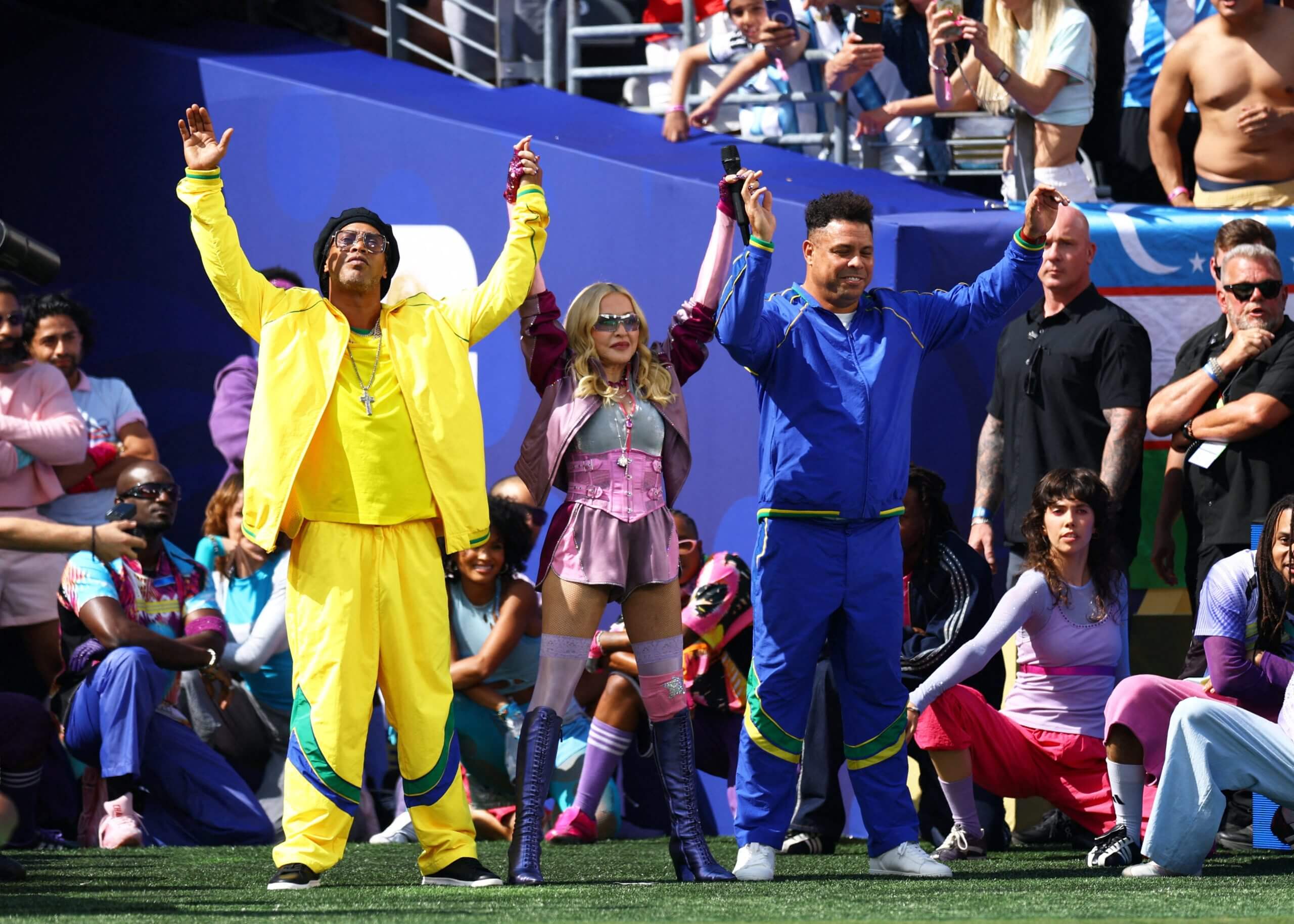 Ronaldinho, Madonna and Ronaldo at the 2026 World Cup final halftime show