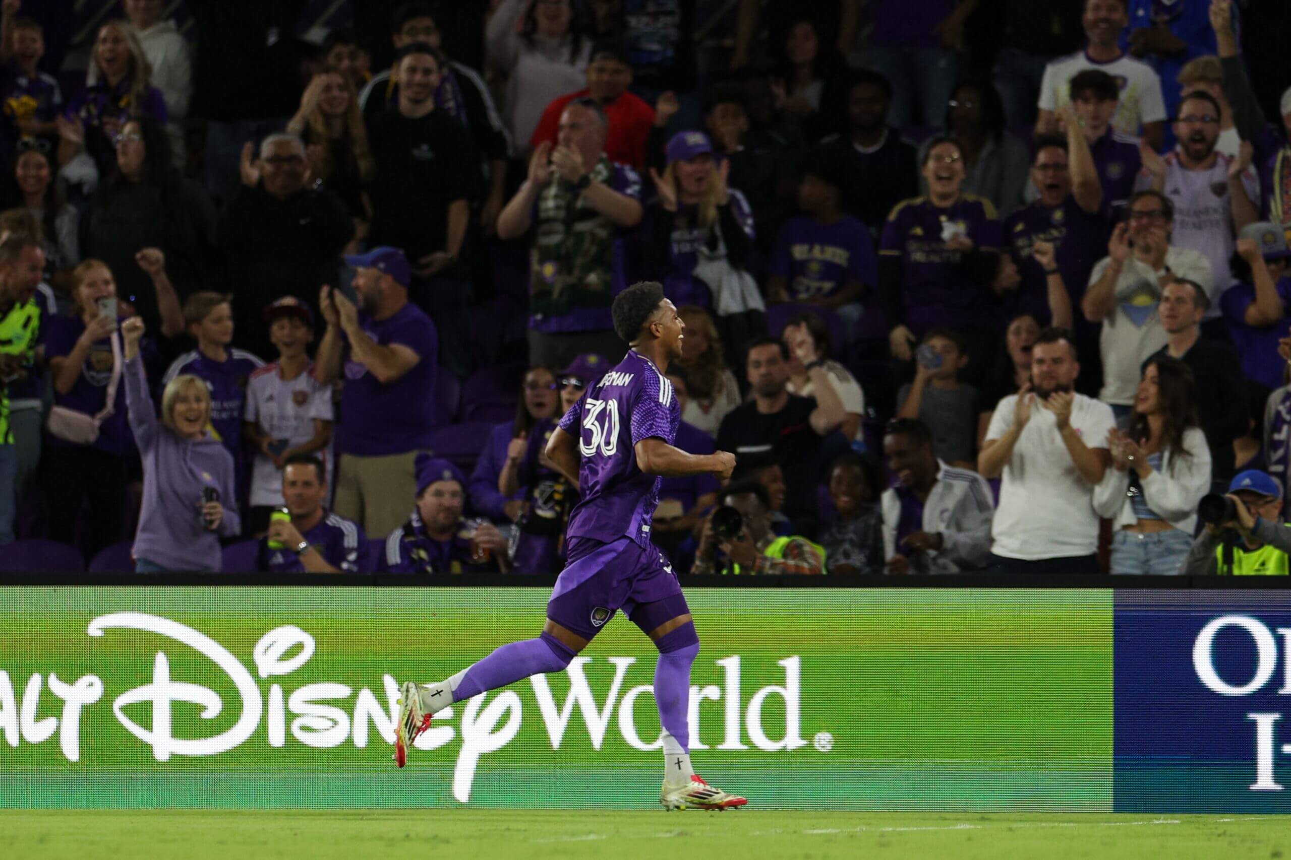 Alex Freeman celebrates a goal for Orlando City