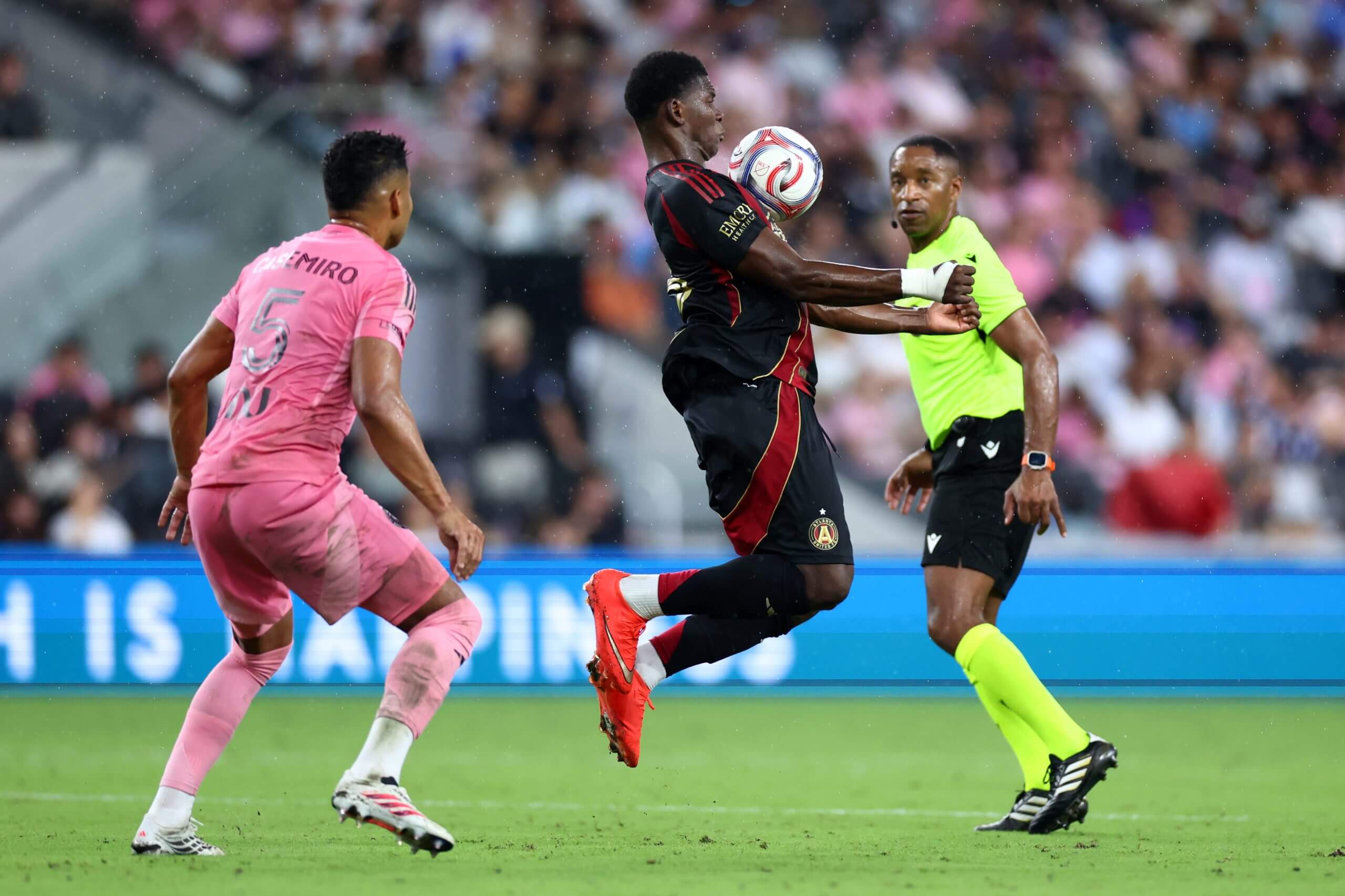 Casemiro defends Breel Embolo in an MLS game