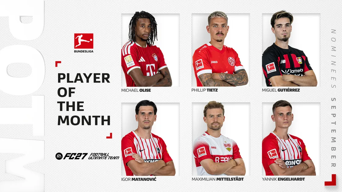Jugador del Mes de la Bundesliga septiembre: Michael Olise, Phillip Tietz, Miguel Gutiérrez, Igor Matanović, Maximilian Mittelstädt y Yannik Engelhardt, los nominados.