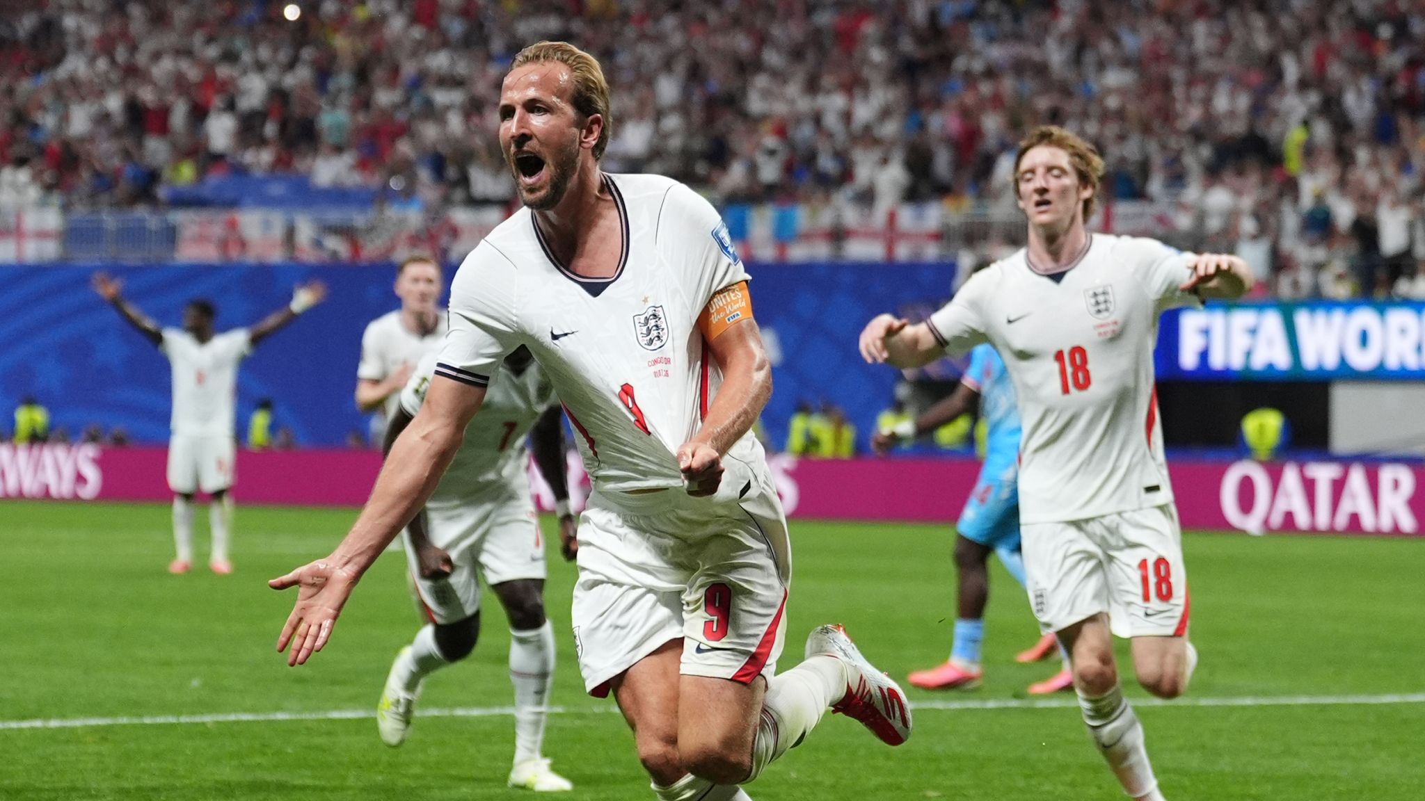 Harry Kane celebra su gol para Inglaterra en la Copa del Mundo