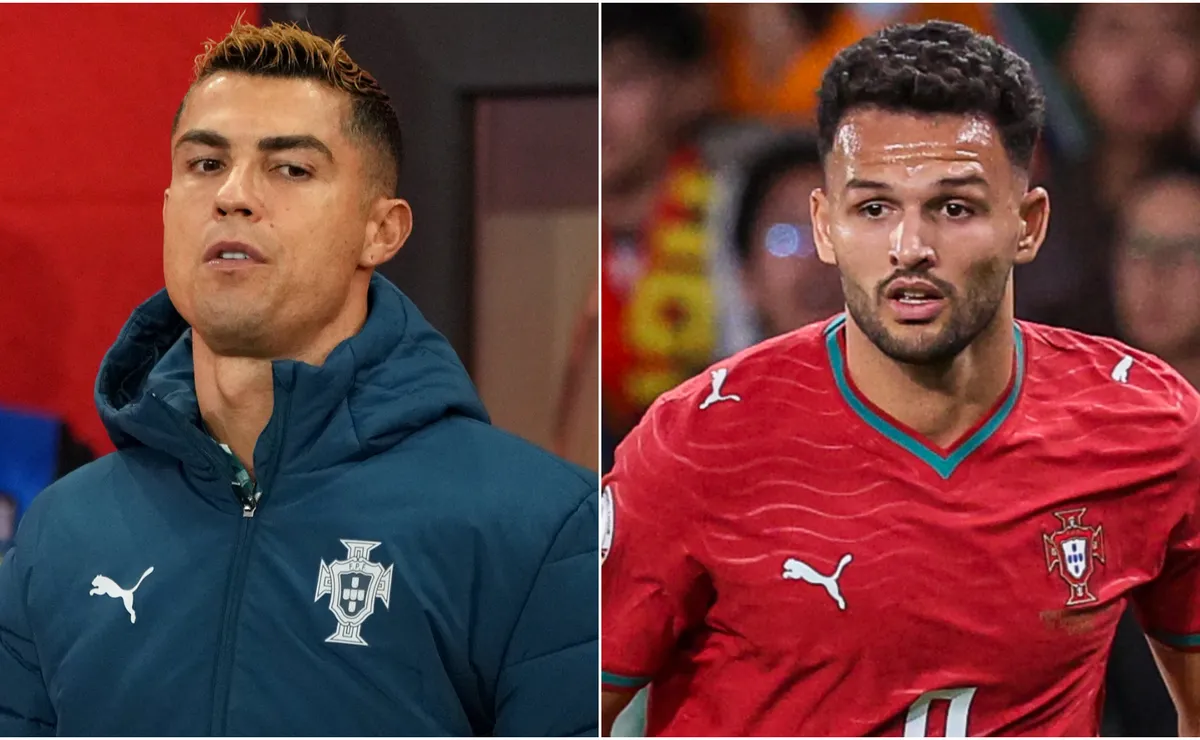 Cristiano Ronaldo mirando desde el banquillo mientras Portugal gana con gol de Gonçalo Ramos