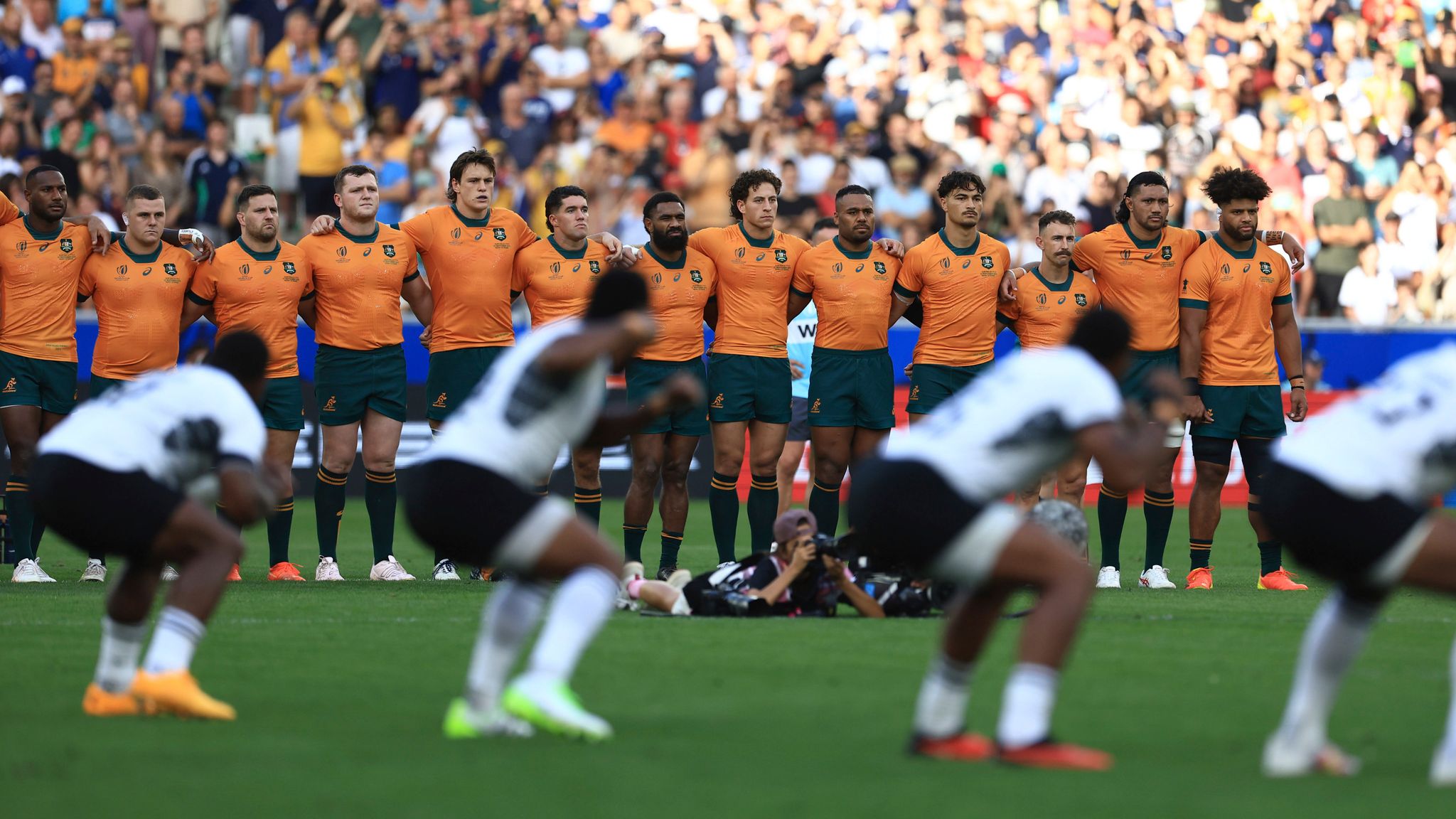 Australia watch on as Fiji perform the Cibi at the 2023 Rugby World Cup