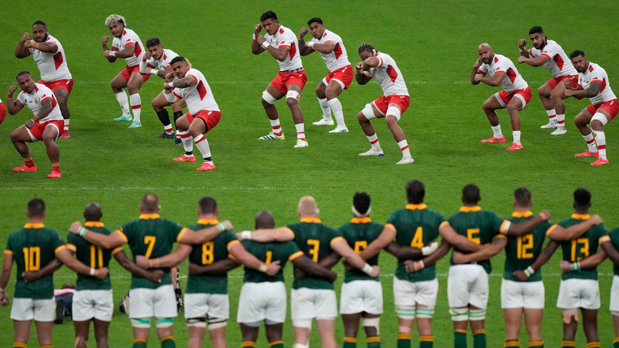 Tonga's players perform the Sipi Tau ahead of facing South Africa
