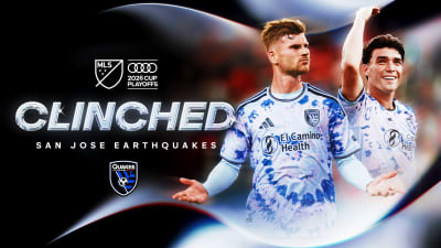 Imagen del logo de la Audi 2026 MLS Cup Playoffs y el escudo de los San Jose Earthquakes celebrando su clasificación.